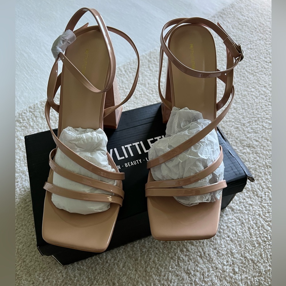 Pretty Little Thing Nude Patent Square Toe Strappy High Block Healed Sandals